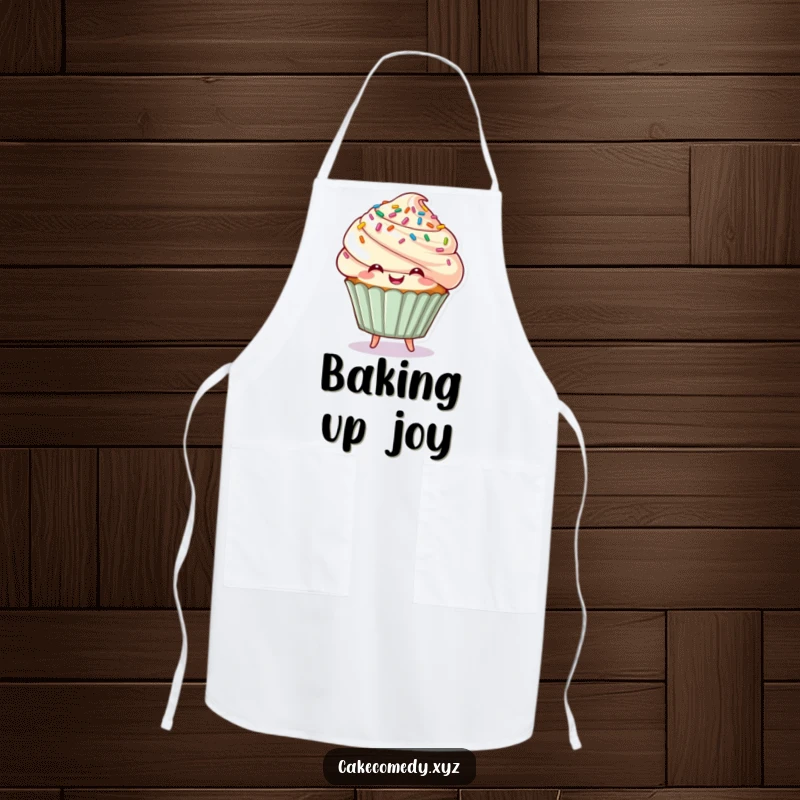 Funny cupcake character with sprinkle hair bouncing playfully on an apron, a humorous kitchen accessory for sweet bakers.