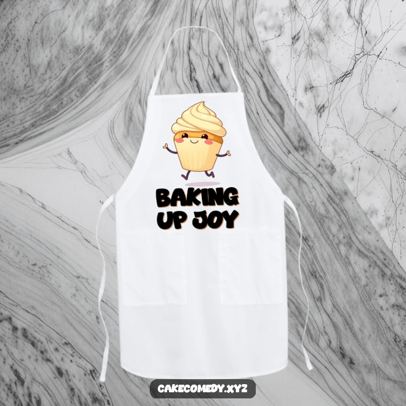Funny apron featuring a smiling cupcake with tiny legs joyfully hopping, perfect for sweet baking adventures.