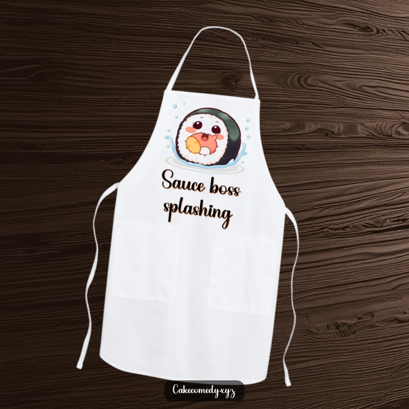 Funny sushi apron featuring a giggling sushi roll with tiny fins splashing, designed for joyful cooking and kitchen playfulness.