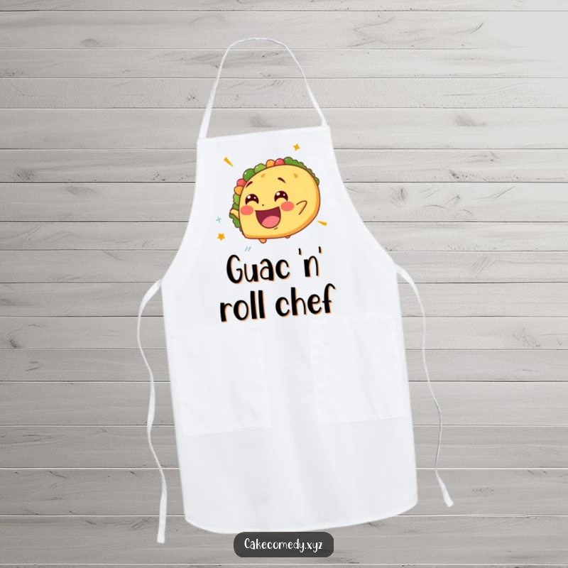 Funny spinning taco apron with a delighted taco and giddy expression, perfect for adding humor and flair to cooking and baking adventures.