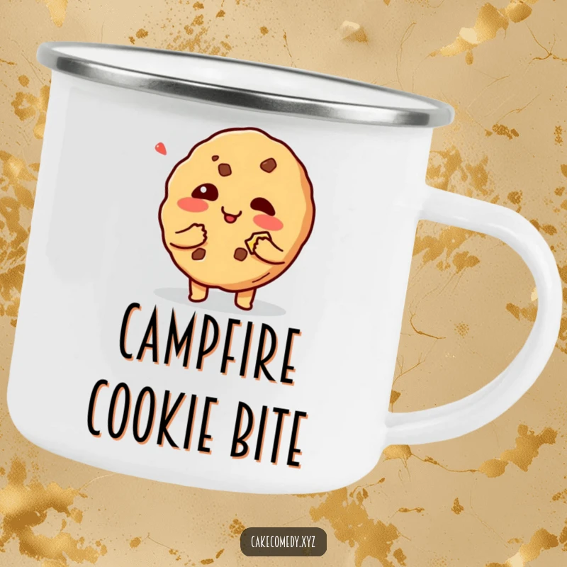 Funny giggling cookie character with a bite mark on a camping mug, embodying mischief and bringing humor to outdoor sips.