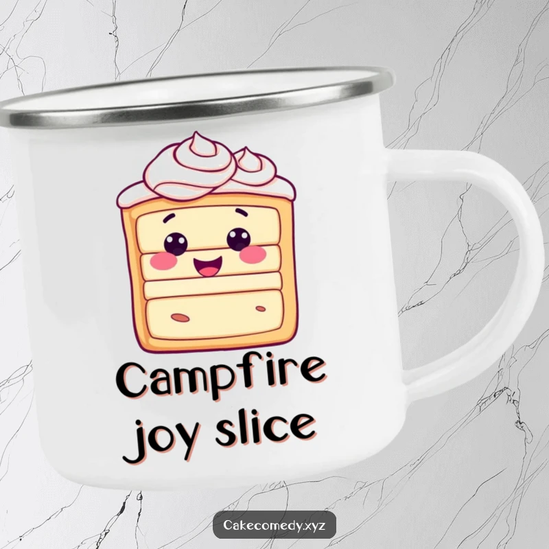 Funny happy cake slice character with frosting swirls on a camping mug, radiating pure joy for your outdoor beverage enjoyment.