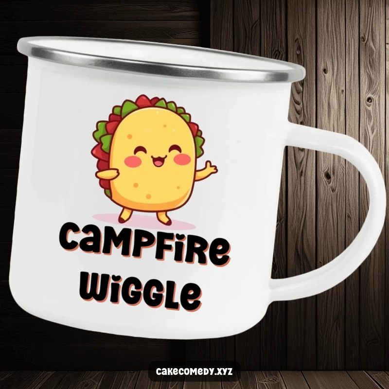 Funny camping mug with a cheerful taco dancing with little feet, perfect for festive outdoor enjoyment.