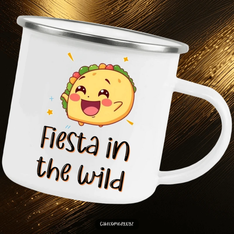 Funny spinning taco camping mug with a delighted taco and giddy expression, perfect for outdoor sipping with a humorous and festive touch.