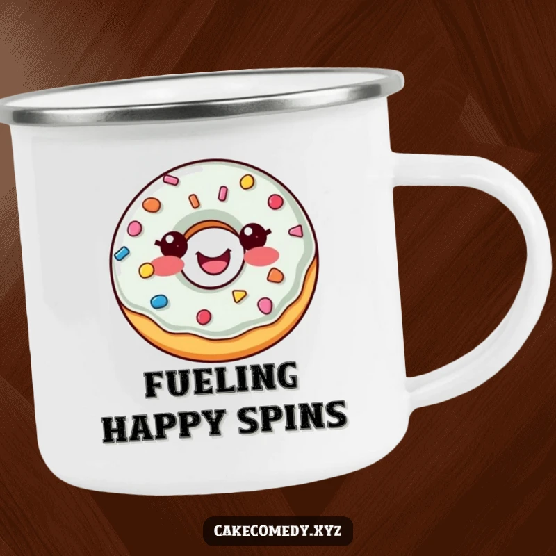 Funny donut camping mug featuring a happy, spinning donut with sprinkle buttons, built for adventure and a cheerful sip.