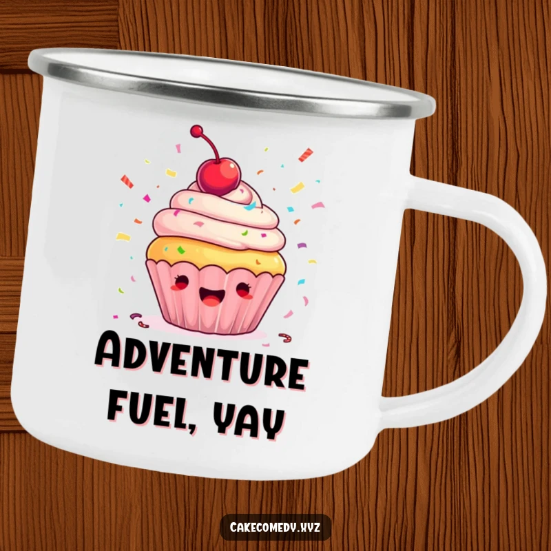Funny cupcake camping mug showing an ecstatic cupcake with a cherry, joyfully throwing confetti, perfect for outdoor sipping with a humorous touch.