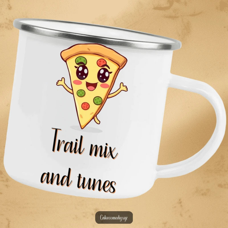 Funny pizza camping mug with a cheerful slice of pizza energetically dancing with eyes, perfect for outdoor sipping with a humorous, food-loving touch.