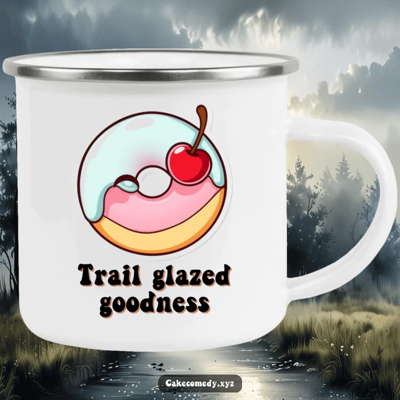 Funny cheerful donut character winking with a cherry on a sturdy camping mug, perfect for enjoying drinks outdoors with humor.