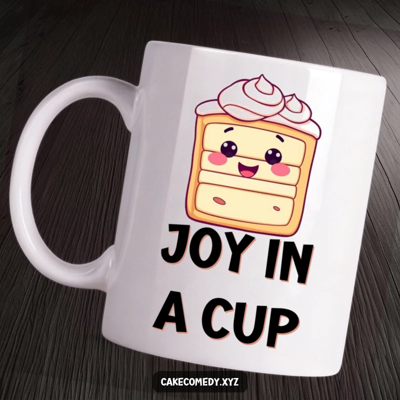 Funny happy cake slice character with frosting swirls radiating pure joy on a mug, a delightful and cheerful gift.