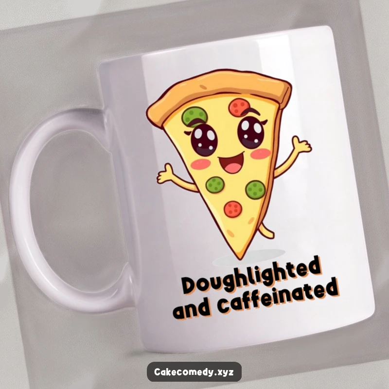 Funny pizza slice mug with eyes energetically dancing, bringing a cheerful and humorous vibe to your favorite beverage, perfect for a fun gift.