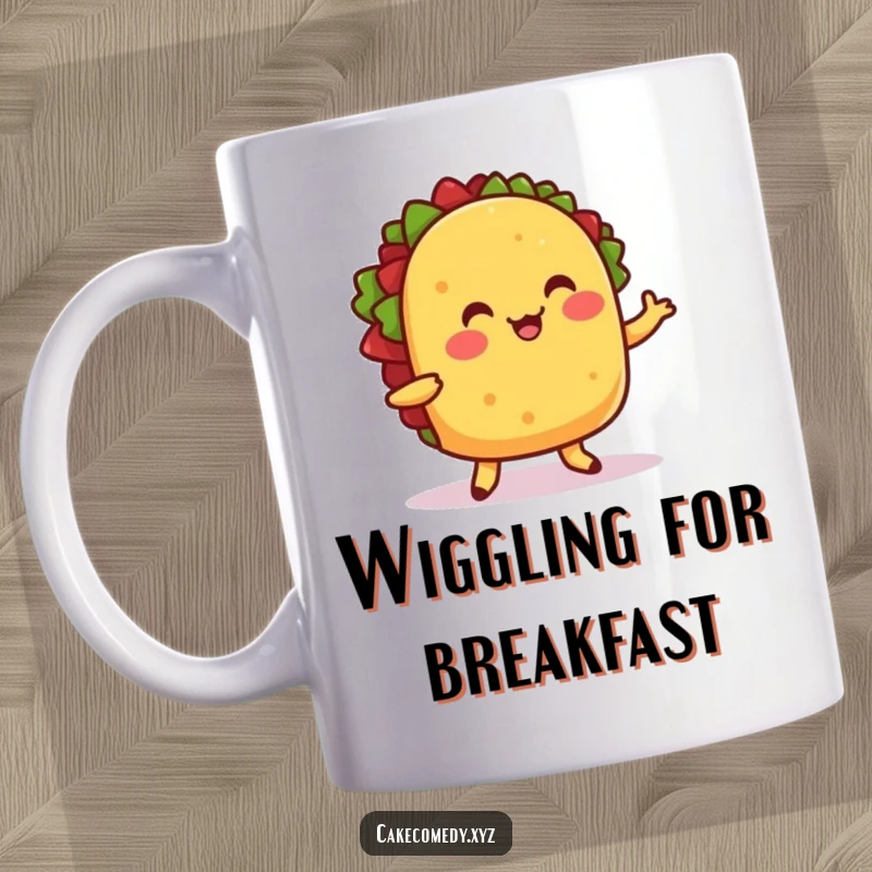 Funny mug featuring a cheerful taco with little feet doing a wiggle dance, symbolizing fun and deliciousness.
