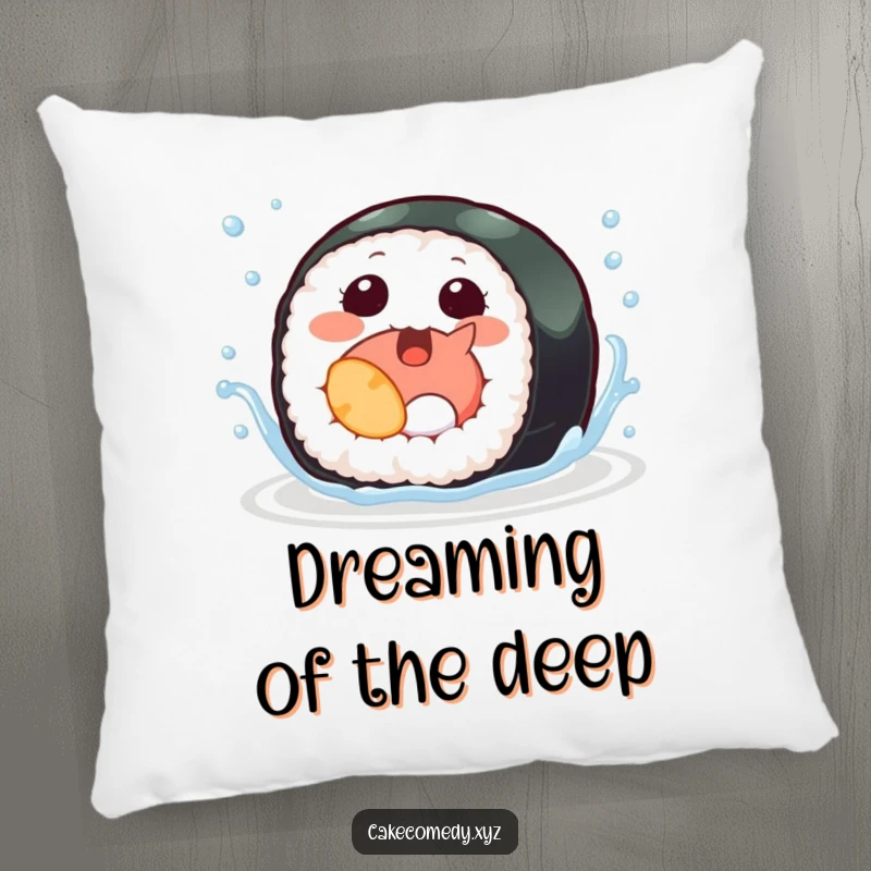 Funny sushi pillow with a giggling sushi roll and tiny fins splashing, offering plush comfort and a dose of aquatic humor.