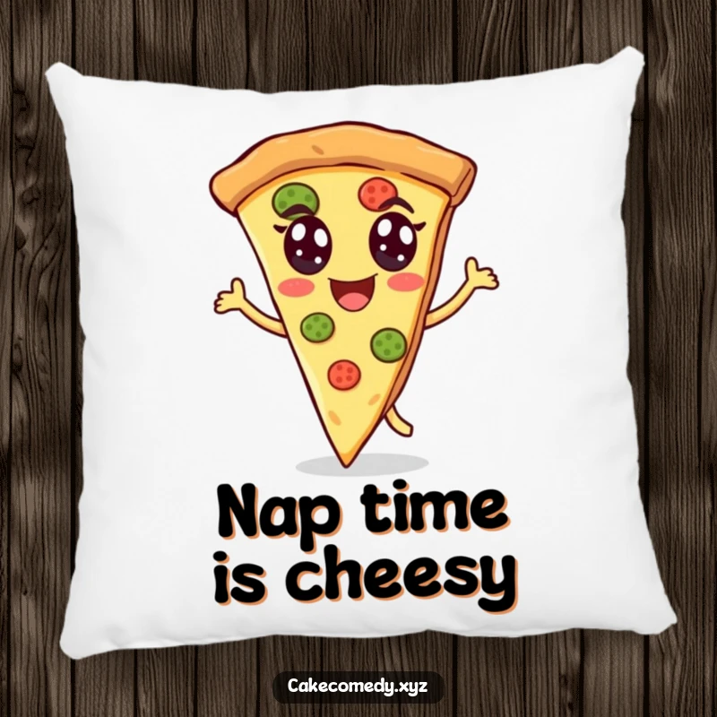 Funny pizza pillow with a cheerful slice of pizza energetically dancing with eyes, offering comfort and humor to any seating area.