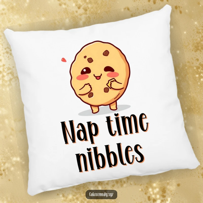 Funny giggling cookie character with a bite mark on a soft pillow, offering comfort and a touch of mischievous, playful charm.
