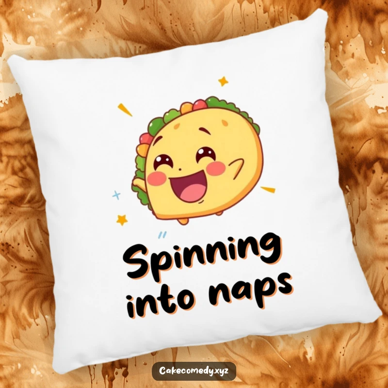 Funny giddy taco pillow featuring a delighted taco spinning rapidly, adding a humorous and comfortable touch to any seating area or bed.