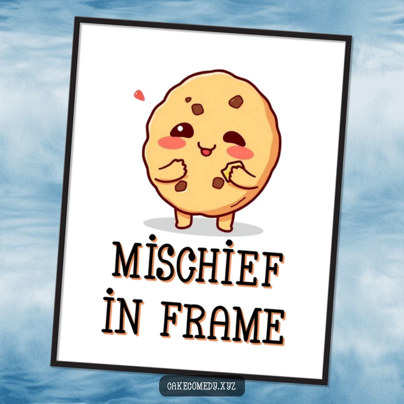 Funny giggling cookie character with a bite mark, a printable digital art piece full of mischief and playful charm.