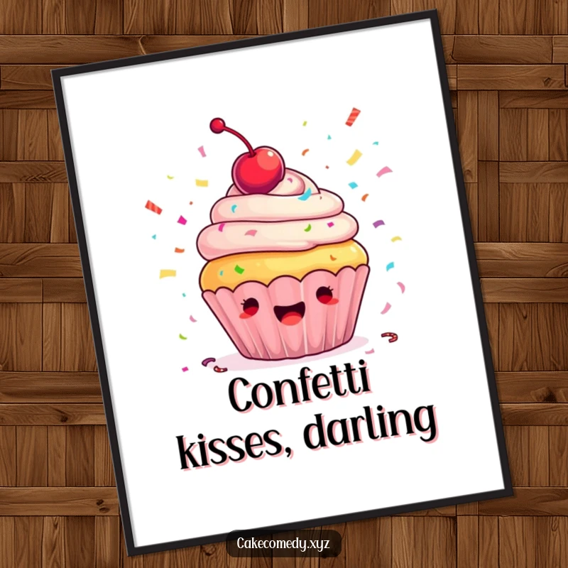 Funny cupcake digital art print of an ecstatic cupcake with cherry, joyfully throwing colorful confetti, ideal for vibrant and humorous online or printed decor.