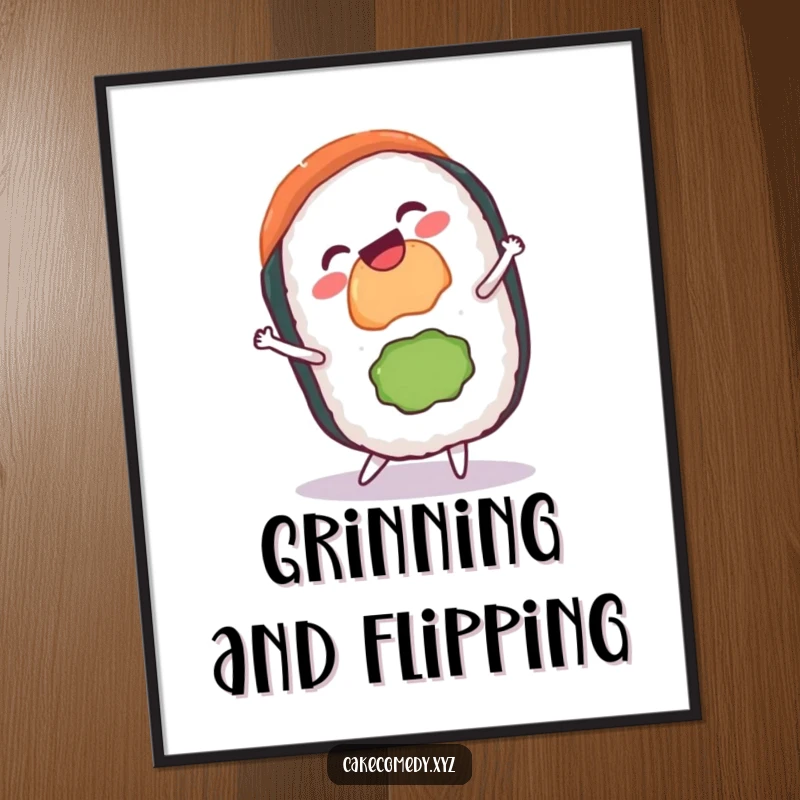 Funny sushi cartwheel digital art print of a gleeful sushi roll with a grin, ideal for vibrant and humorous online or printed decor.