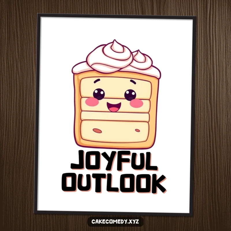 Funny happy cake slice character with frosting swirls, a printable digital art piece radiating pure joy and sweet delight.