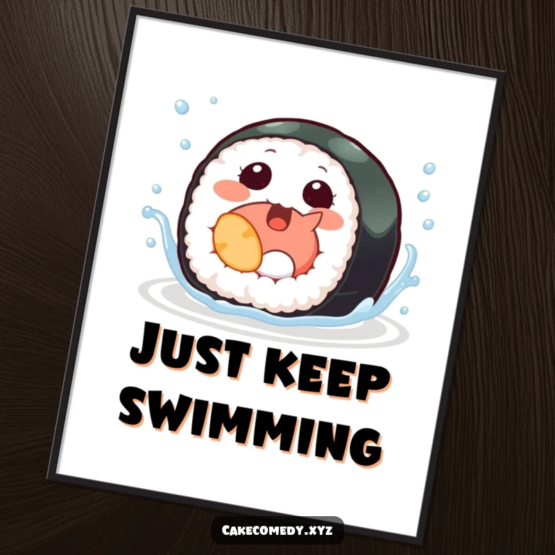 Funny sushi digital art print of a giggling sushi roll with tiny fins splashing, perfect for vibrant and aquatic-themed wall decor.