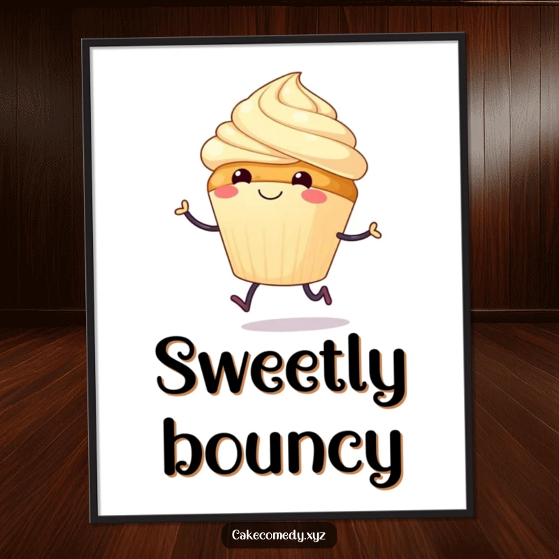 Funny digital art print of a smiling cupcake with tiny legs doing a joyful hop, symbolizing sweetness and happiness.
