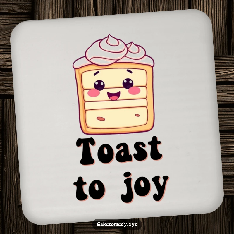 Funny happy cake slice character with frosting swirls on a drink coaster, radiating pure joy and protecting surfaces.