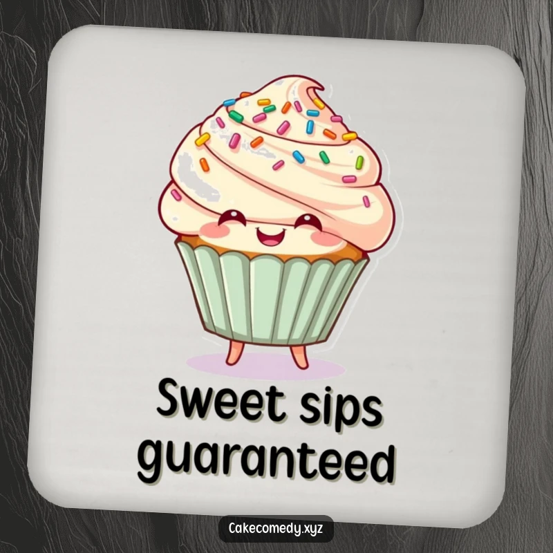 Funny cupcake character with sprinkle hair bouncing playfully on a drink coaster, a sweet and humorous table protector.