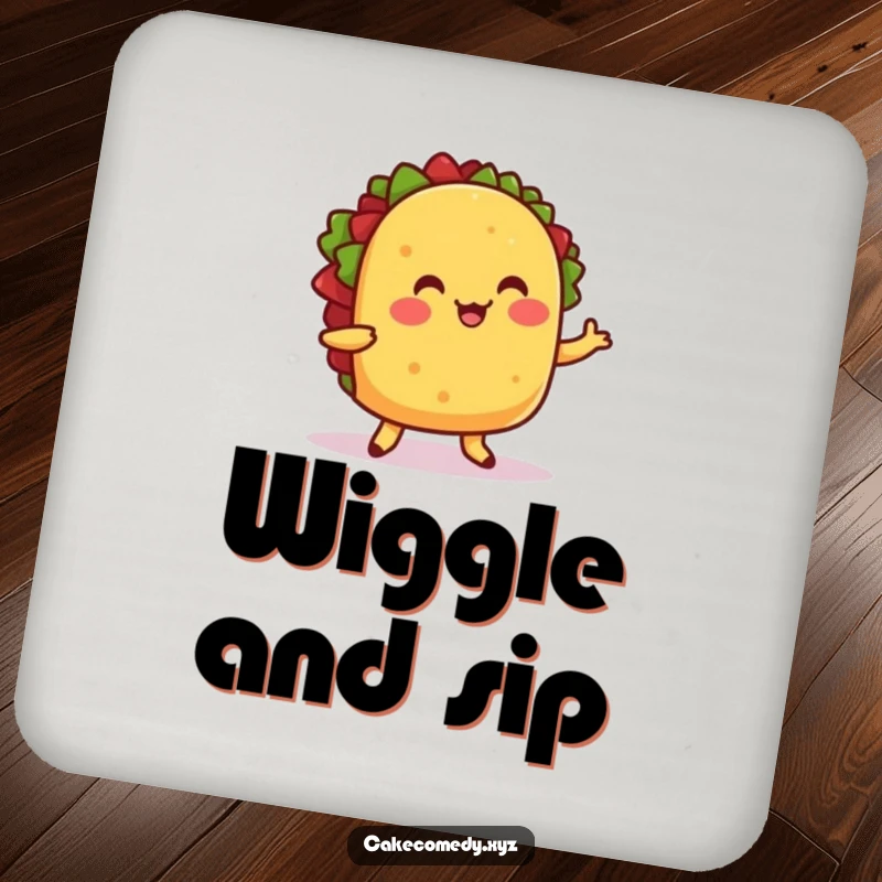 Funny drink coaster with a cheerful taco dancing with little feet, adding festive humor to surface protection.