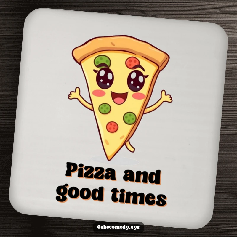 Funny pizza coaster featuring a cheerful slice of pizza energetically dancing with eyes, designed to protect surfaces with a humorous, food-themed touch.
