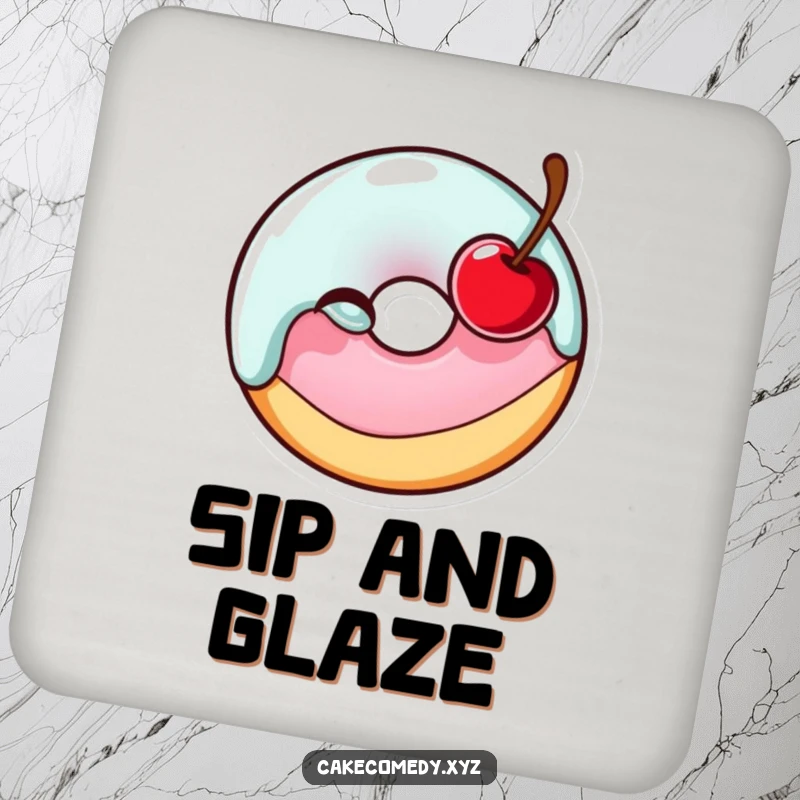 Funny glazed donut character winking with a cherry on a drink coaster, adding a touch of sweetness and humor to surfaces.