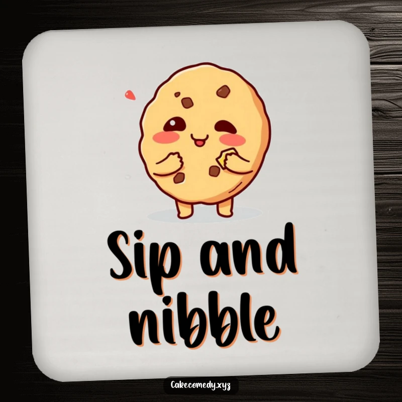 Funny giggling cookie character with a bite mark on a drink coaster, adding a touch of mischief and playful charm.