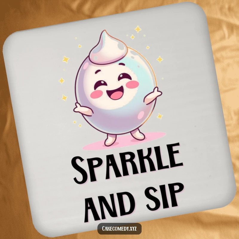 Funny delighted candy character wiggling and sparkling brightly on a drink coaster, bringing a touch of energetic joy.