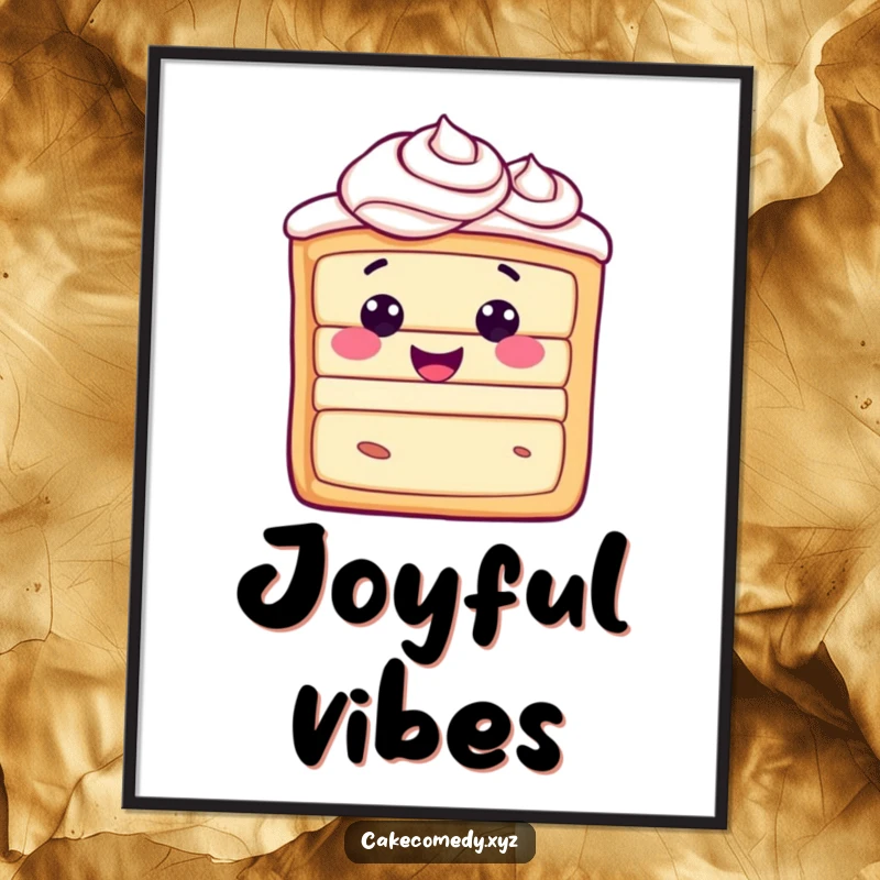 Funny happy cake slice character adorned with frosting swirls on a poster, radiating pure joy and sweet artistry.