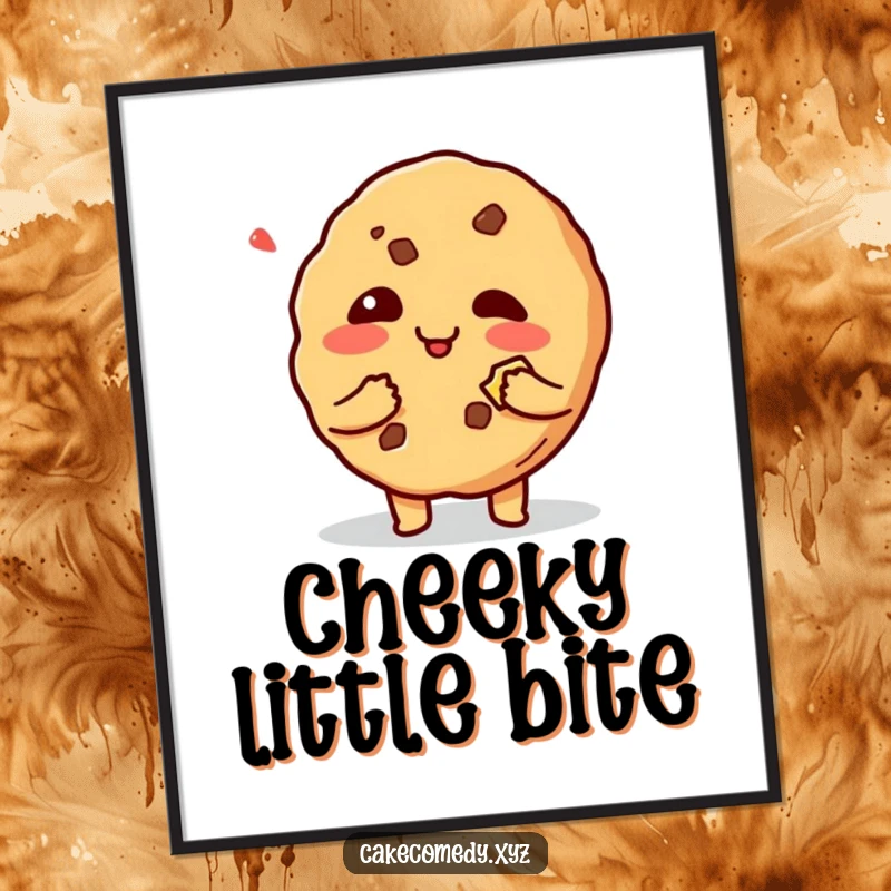 Funny giggling cookie character with a bite mark, a mischievous poster adding playful charm and humor to any wall space.