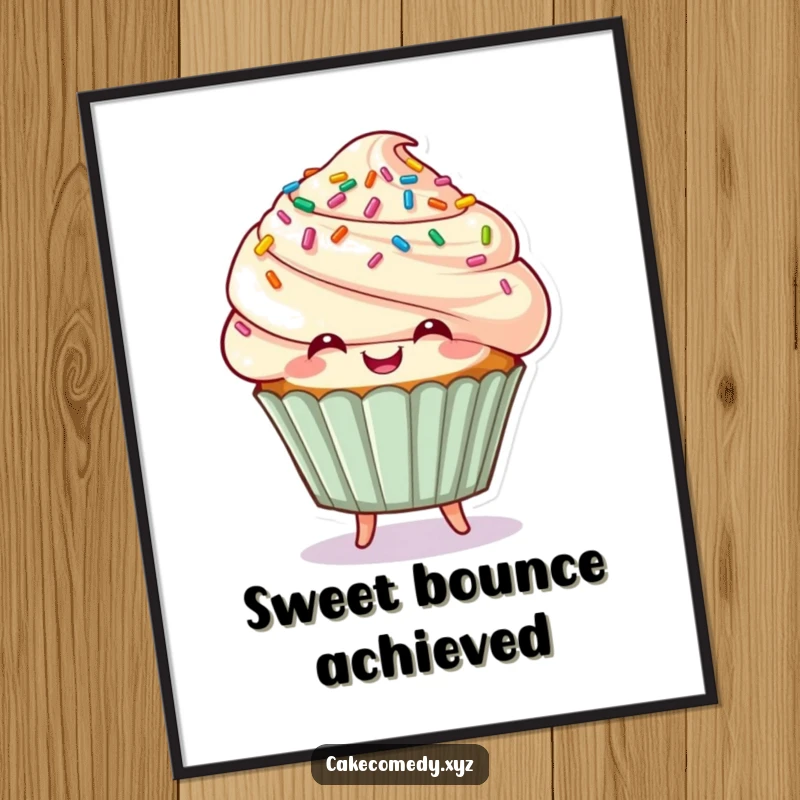 Funny smiling cupcake character with sprinkle hair bouncing playfully on a poster, sweet and humorous wall art.