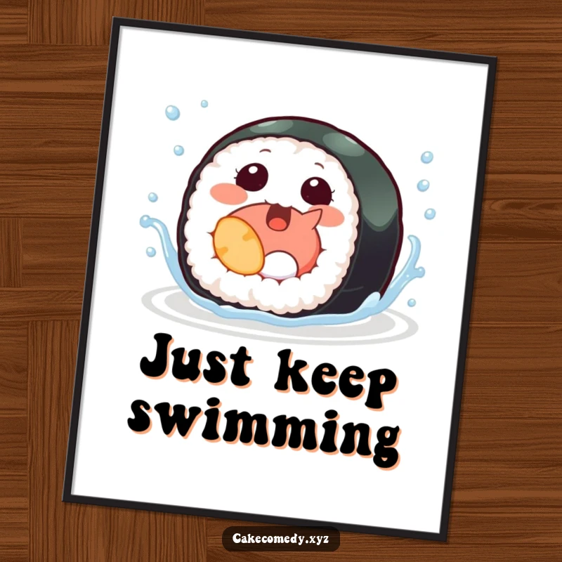 Funny sushi poster featuring a giggling sushi roll with tiny fins splashing happily, adding a touch of aquatic humor to any room.