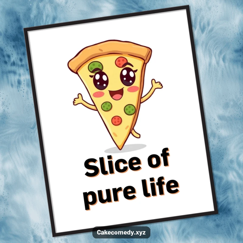 Funny dancing pizza poster featuring a cheerful slice of pizza with eyes, energetically grooving, perfect for vibrant and humorous wall decorations.