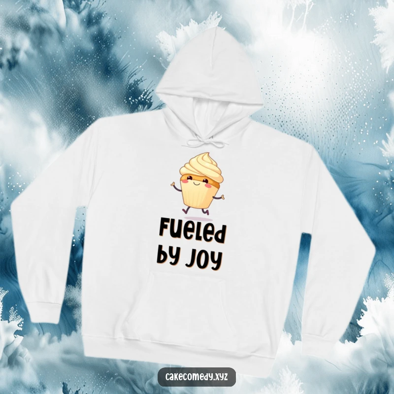 Funny hoodie featuring a smiling cupcake with tiny legs doing a joyful hop, offering warmth and sweet cheer.