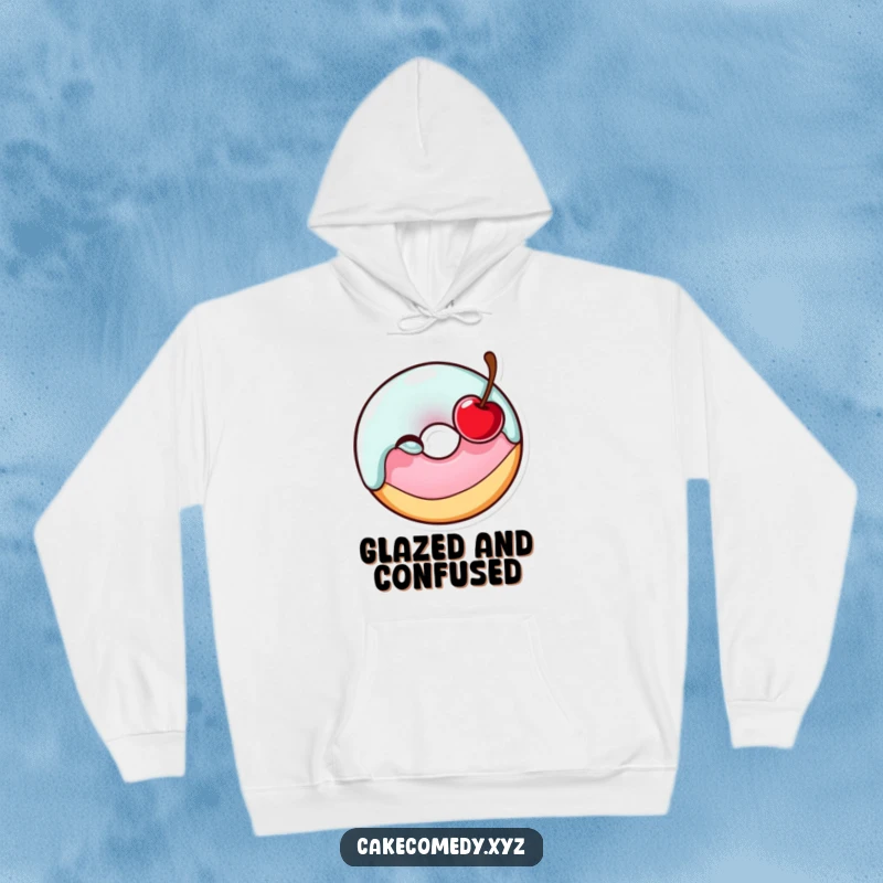 Funny cheerful donut character winking with a cherry, printed on a cozy hoodie for ultimate comfort and laughs.