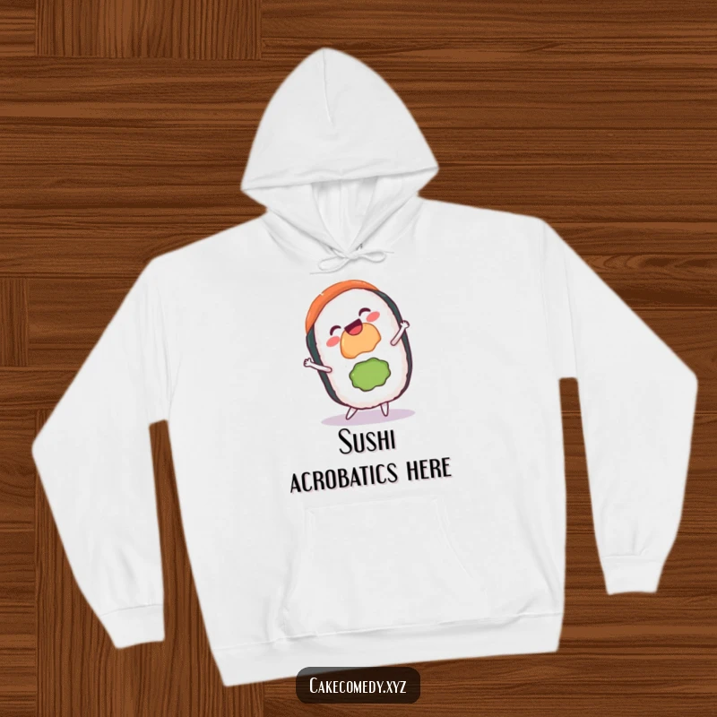 Funny gleeful sushi hoodie with a grin performing a cartwheel, offering comfort and humor for sushi enthusiasts who love a good laugh.