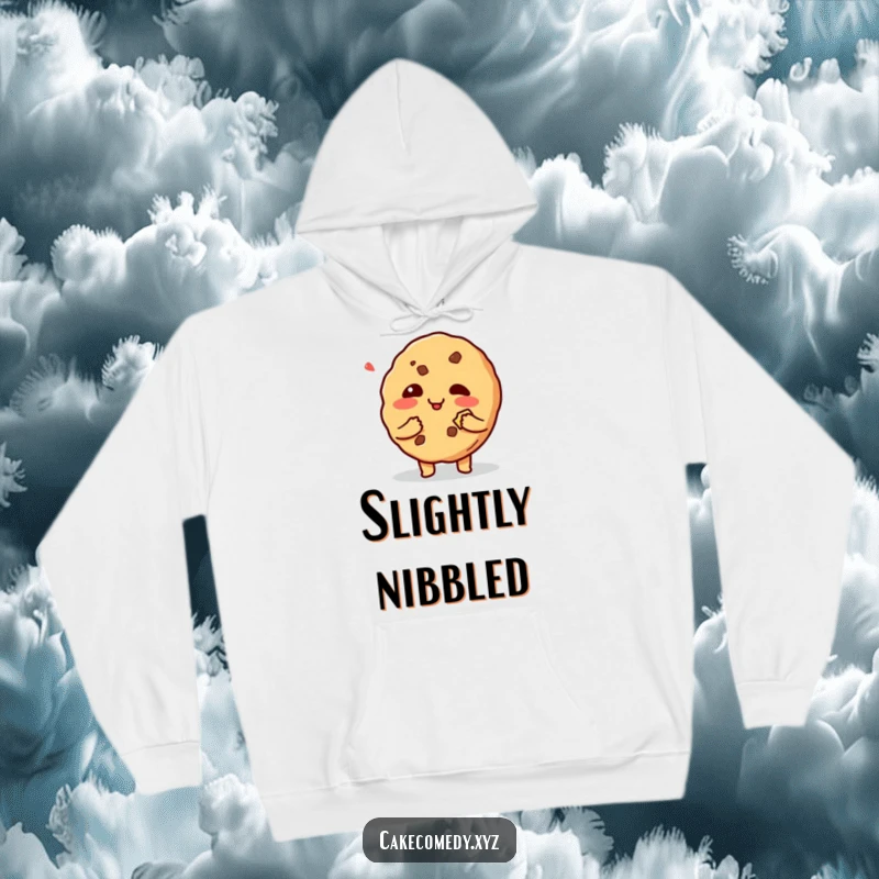 Funny giggling cookie character with a bite mark on a cozy hoodie, embodying mischief and providing warmth and humor.