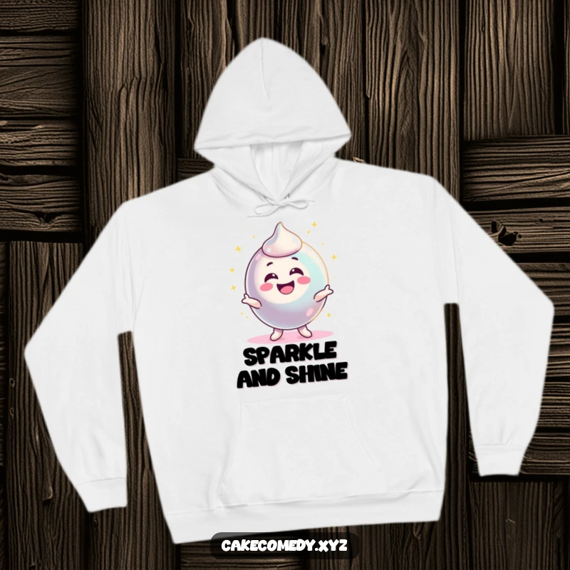 Funny delighted candy character wiggling and sparkling brightly on a cozy hoodie, exuding energy and pure excitement.