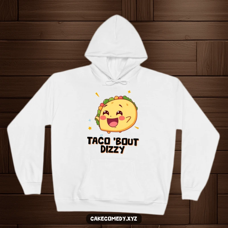 Funny giddy taco hoodie with a delighted expression, spinning rapidly for maximum comfort and humorous appeal during chilly weather.