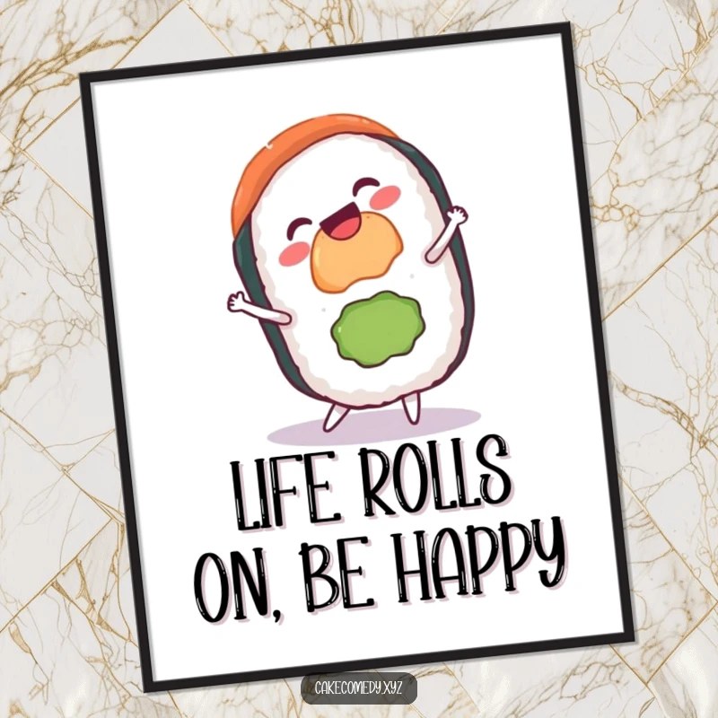 Funny Free Printable Wall Art: A gleeful sushi roll with a grin performs a cartwheel, perfect for print-at-home artistic flair.