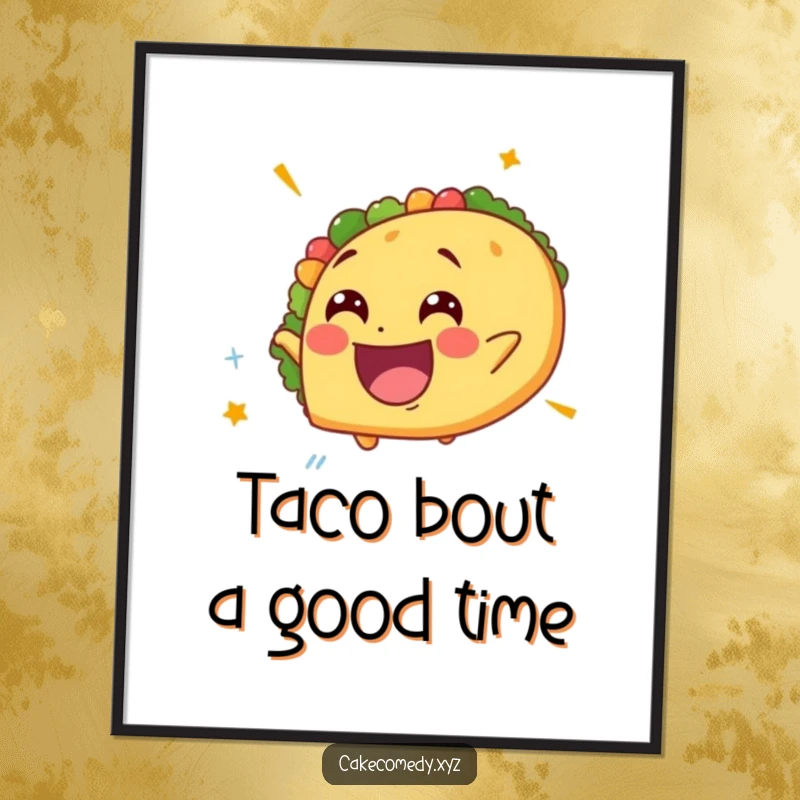 Funny Free Printable Wall Art: A delighted taco with a giddy expression spins rapidly, a fun print-at-home piece of art.