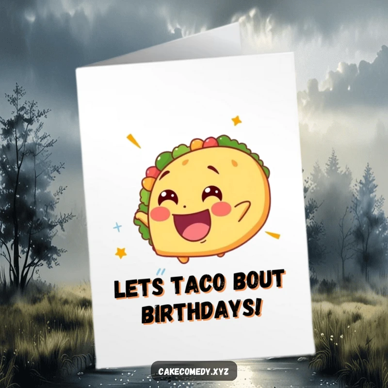 Funny Free Printable Birthday Card: A delighted taco with a giddy expression spins rapidly, perfect for a print-at-home birthday fiesta.