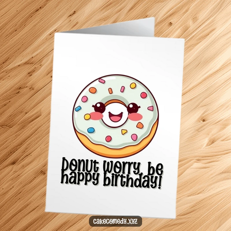 Funny free printable birthday card featuring a happy donut with sprinkle buttons spinning with pure delight.
