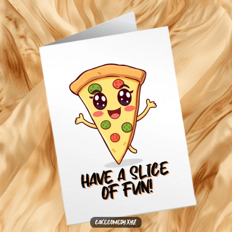 Funny Free Printable Birthday Card: A cheerful pizza slice with eyes energetically dancing, ready for a fun print-at-home birthday bash.