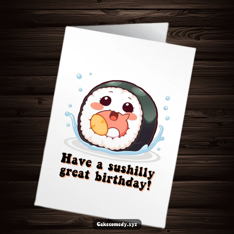 Funny free printable birthday card featuring a giggling sushi roll with tiny fins splashing gleefully in water.