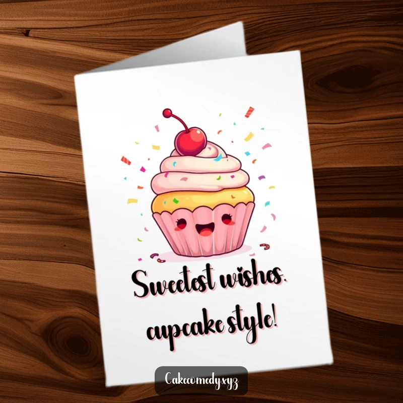 Funny Free Printable Birthday Card: Ecstatic cupcake with cherry on top, joyfully throwing colorful confetti, ready for a print-at-home celebration.